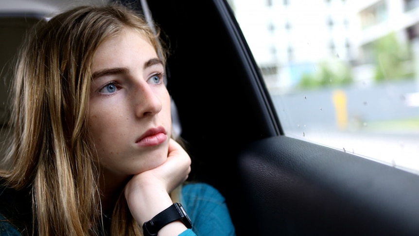 A young woman with long light brown hair looks pensive as she looks out the window of a car, resting her chin in her hand
