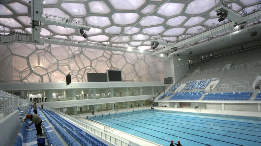 Chinese preview... the National Aquatics Centre, also known as the Water Cube, unveiled in Beijing.