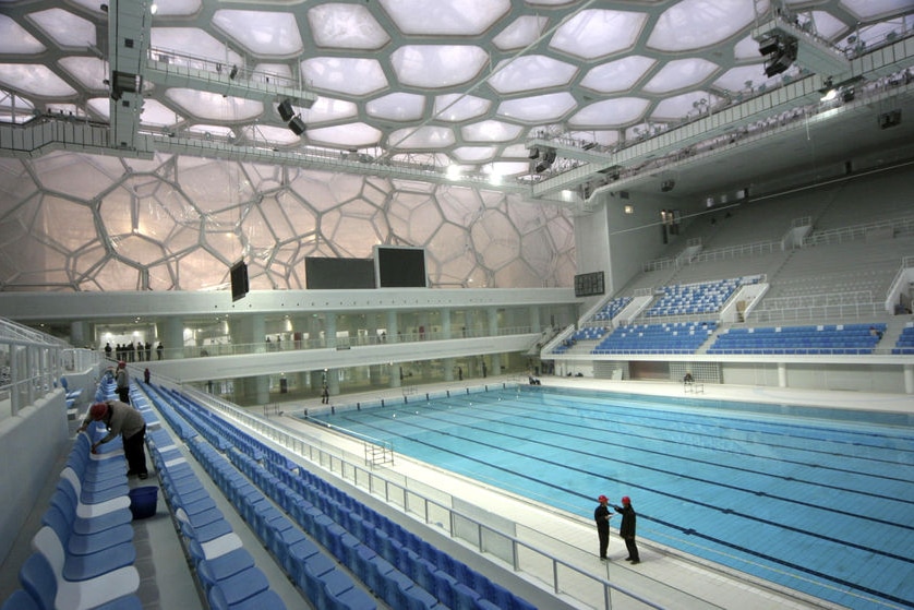 A general view shows the interior of the National Aquatics Centre, also known as the Water Cube