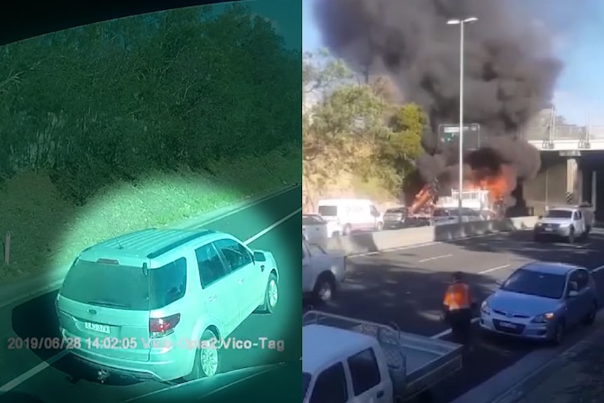 A split image showing a vehicle as seen from a dashcam and a fiery road accident.