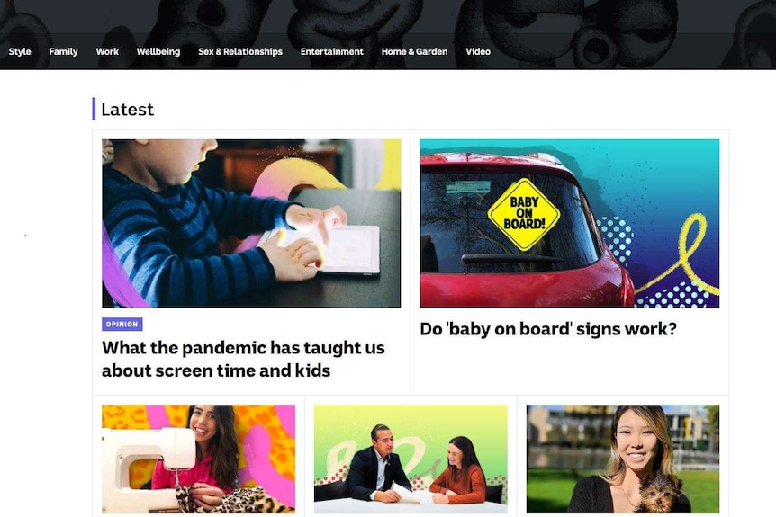 Five ABC Life stories are seen on the website's homepage, with images of people and a car displayed as thumbnails for articles.