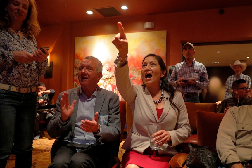 US Democratic Congressional candidate Deb Haaland reacts as the results come in for US midterm elections.