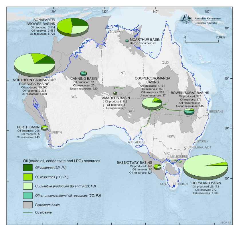 A map of Australia showing green highlighted areas of oil resources.