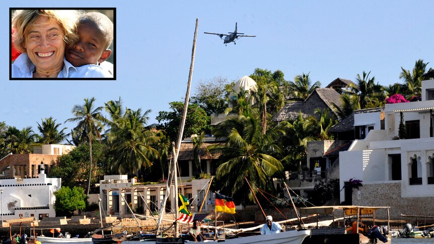 A composite photo of French woman Marie Dedieu and the Kenyan Island of Manda where she was kidnapped from.