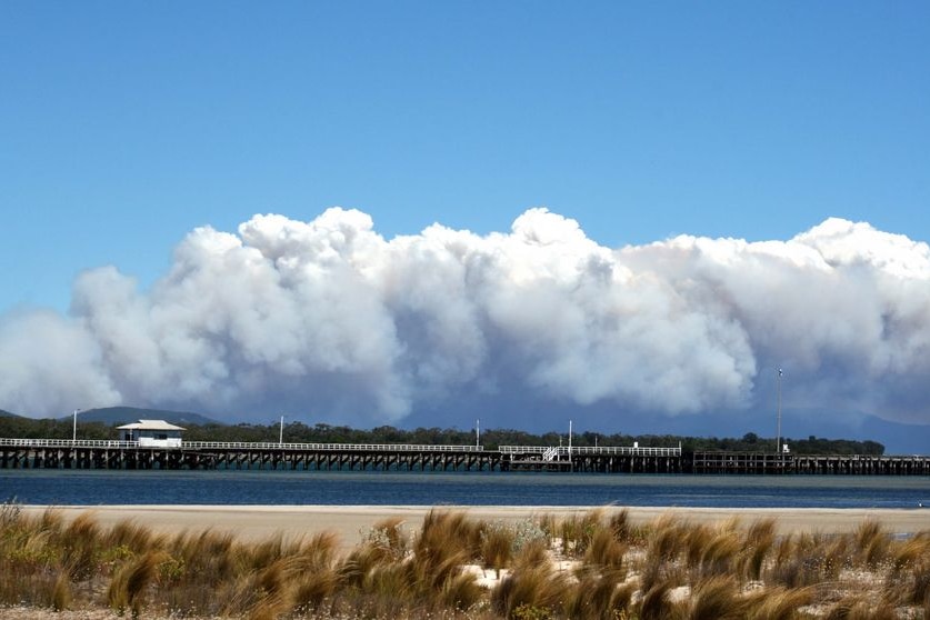 Smoke from the Wilsons Promontory bushfire rises into the sky