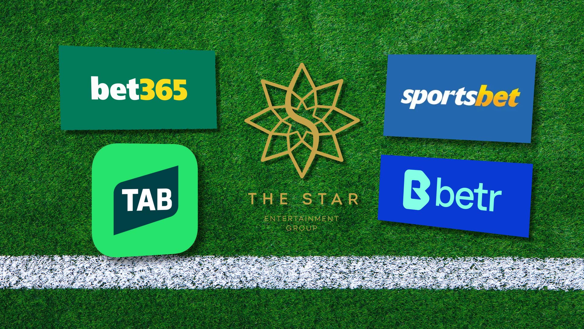 A graphic of a sporting green covered in logos for betting companies.