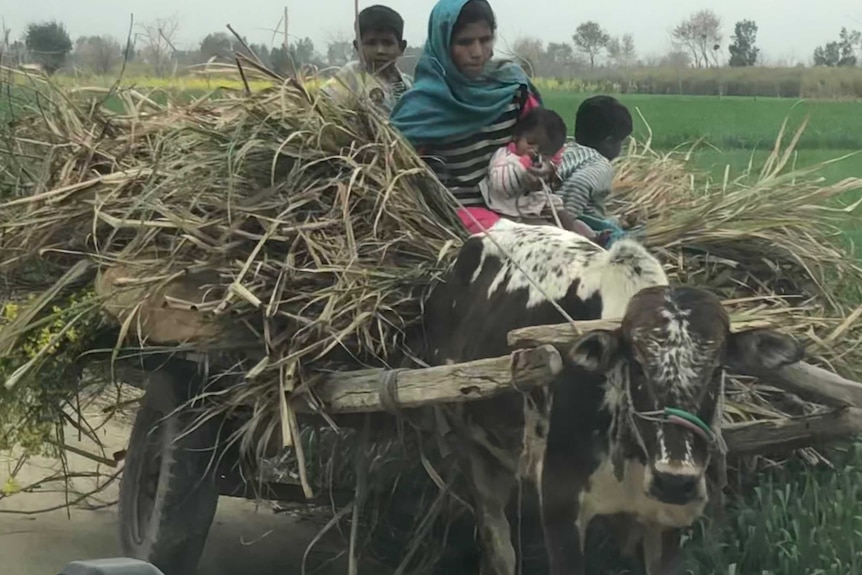 A mother and three children sit on top of a cart of straw.