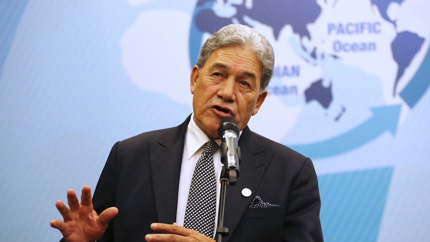 Wearing a black suit and tie, NZ Foreign Minister Winston Peters makes gestures with his hands as he speaks at a microphone.
