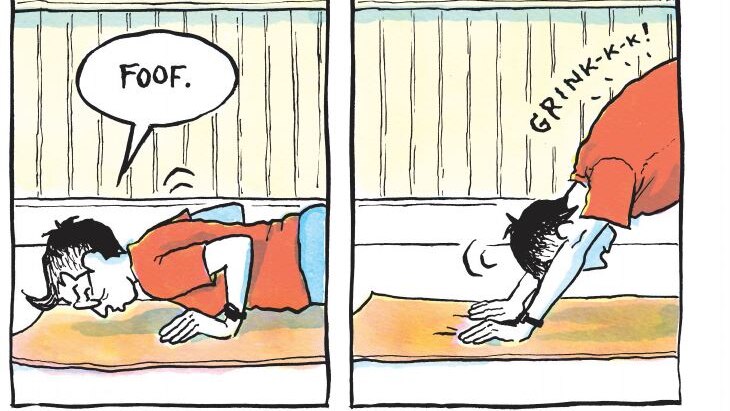 Comic image of a woman doing push-ups with speech bubbles saying 'foof' and 'grink!'.