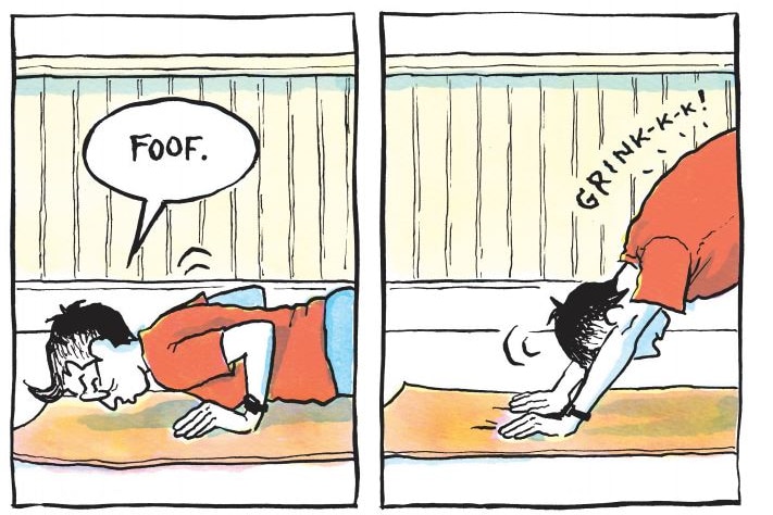 Comic image of a woman doing push-ups with speech bubbles saying 'foof' and 'grink!'.