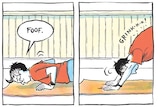 Comic image of a woman doing push-ups with speech bubbles saying 'foof' and 'grink!'.