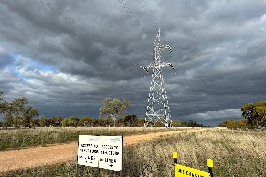 Transmission line set against a moody sky.  