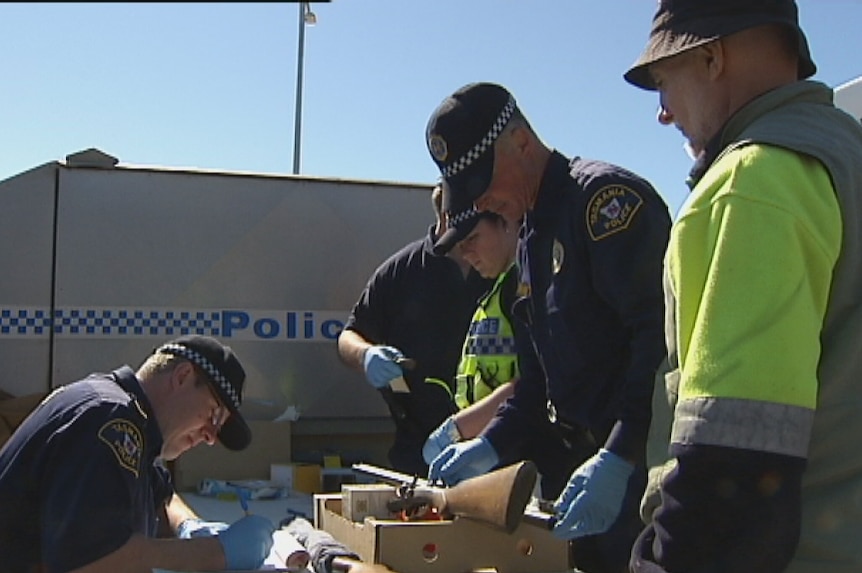 Tasmanian police examine guns being handed in.