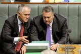 Opposition Leader Malcolm Turnbull (left) speaks treasury spokesman Joe Hockey