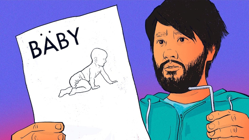 Illustration of Lawrence Leung holding an instruction booklet with a picture of a baby depicting the challenges of a new baby.