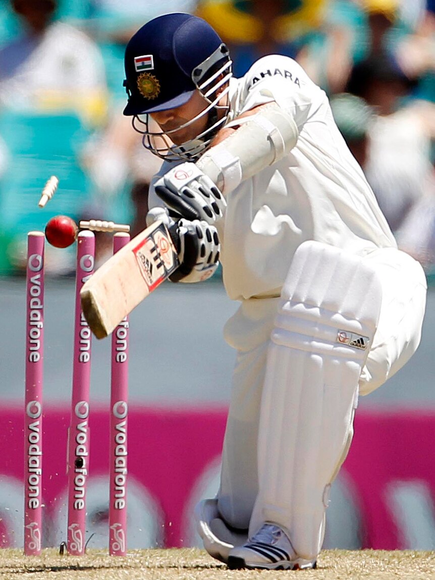 Sachin Tendulkar is bowled by James Pattinson.