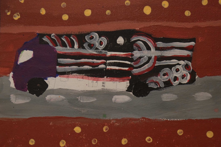 A painting of a truck painted in simplistic style inspired by Indigenous dot paintings.