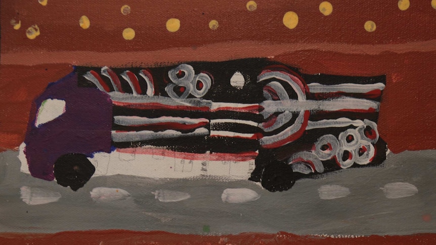 A painting of a truck painted in simplistic style inspired by Indigenous dot paintings.