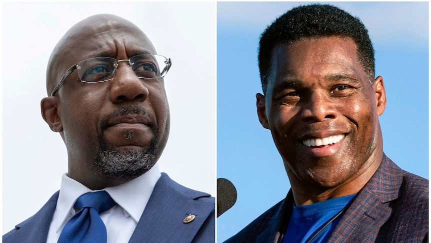 composite image of raphael warnock looking serious left, herschel walker smiling on right