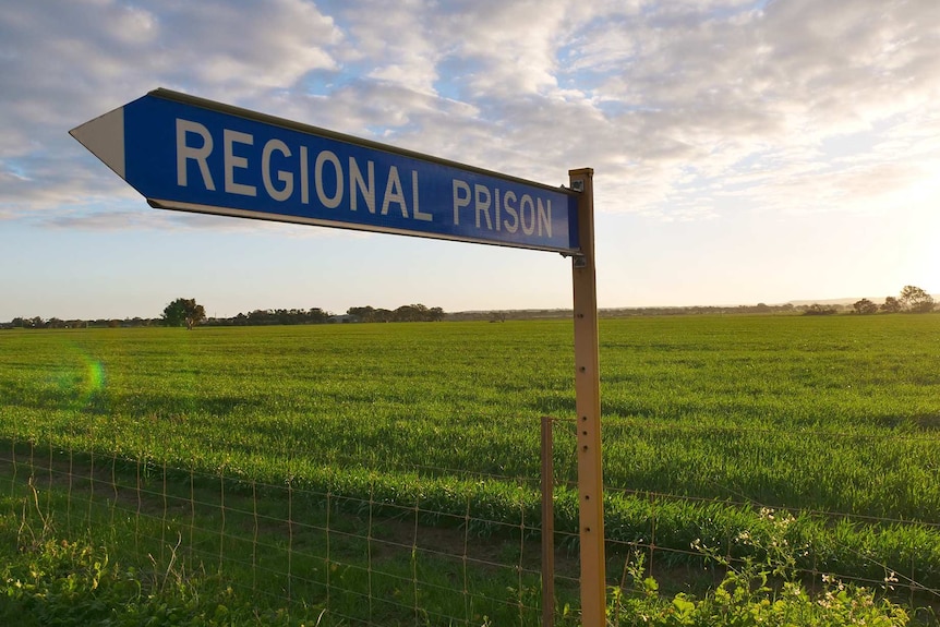 A blue road sign points the way to Greenough Regional Prison in front of a lush green field.