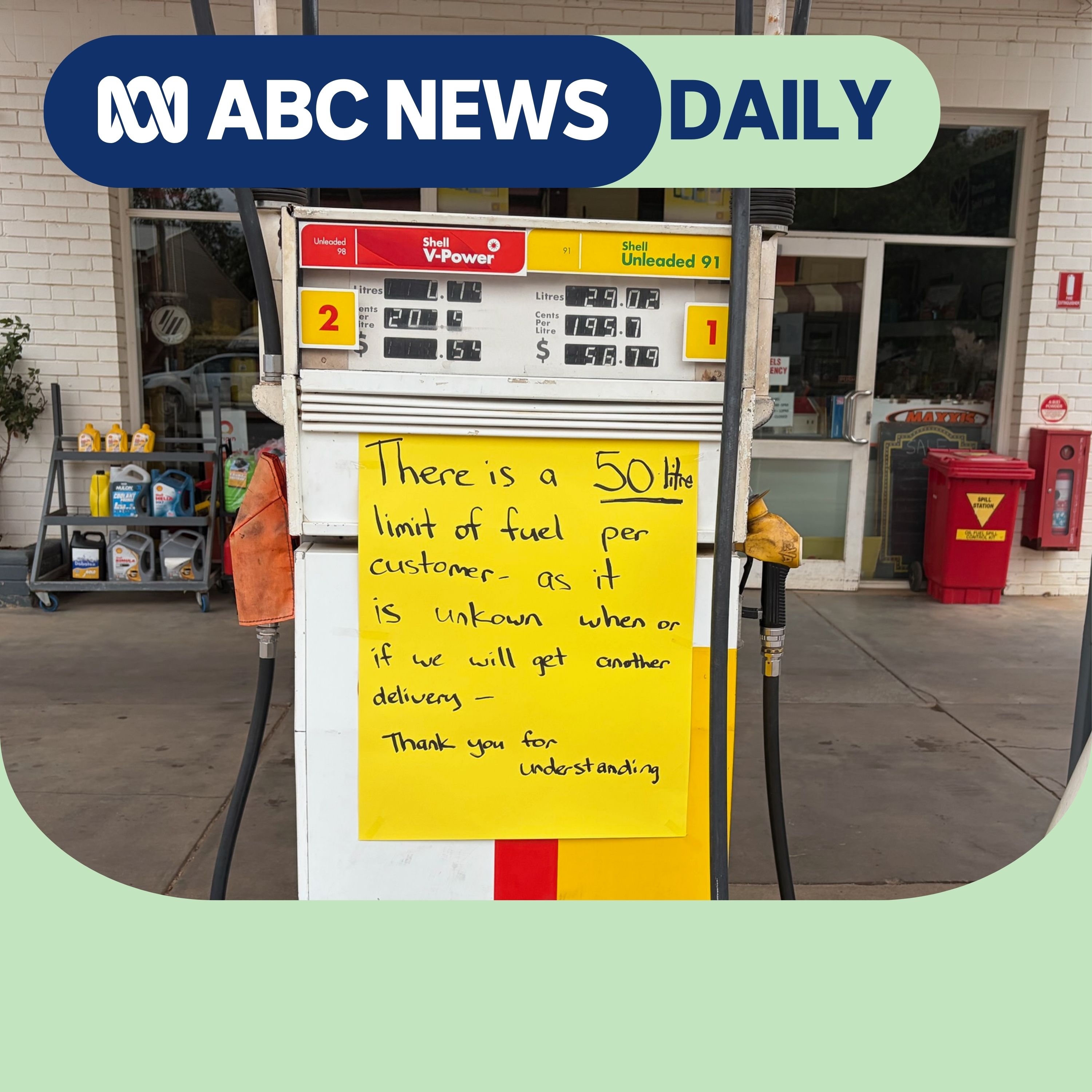 A sign about supply restrictions on a petrol bowser at a service station in York in the Western Australian Wheatbelt region