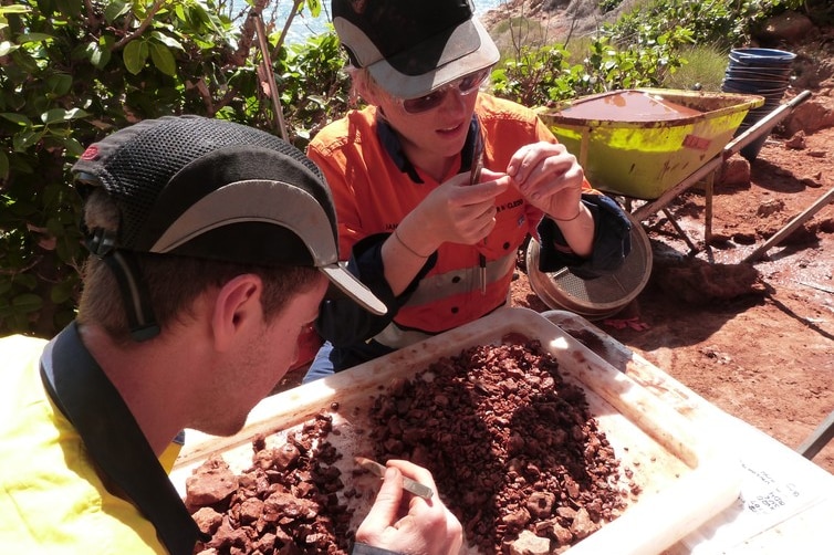 Students sort material excavated from Boodie Cave.
