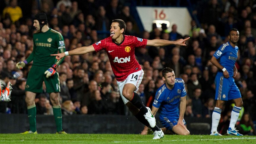 Late but great ... Javier Hernandez celebrates a late winner against Chelsea.
