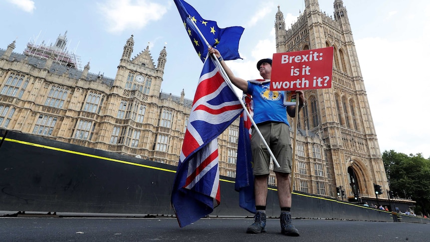 A man holds an anti-Brexit sign near Big Ben