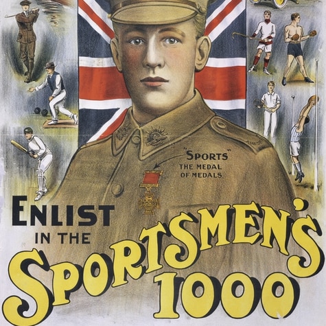 A colourful WWI recruitment poster urging sporting men to join up