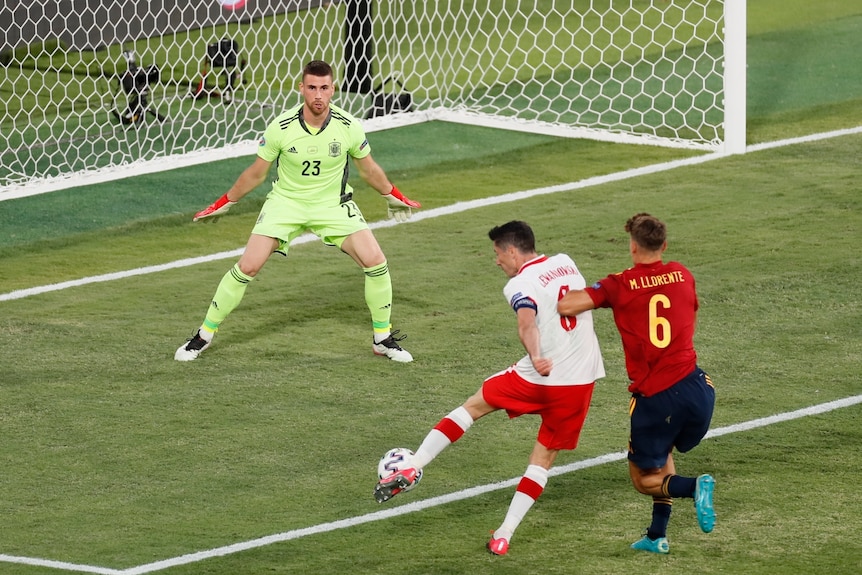 Polish striker connects with a left foot shot heading straight at the Spanish goalkeeper at Euro 2020.