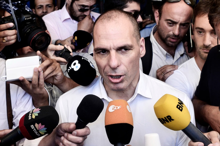 Former Greek Finance Minister Yanis Varoufakis speaks to the press