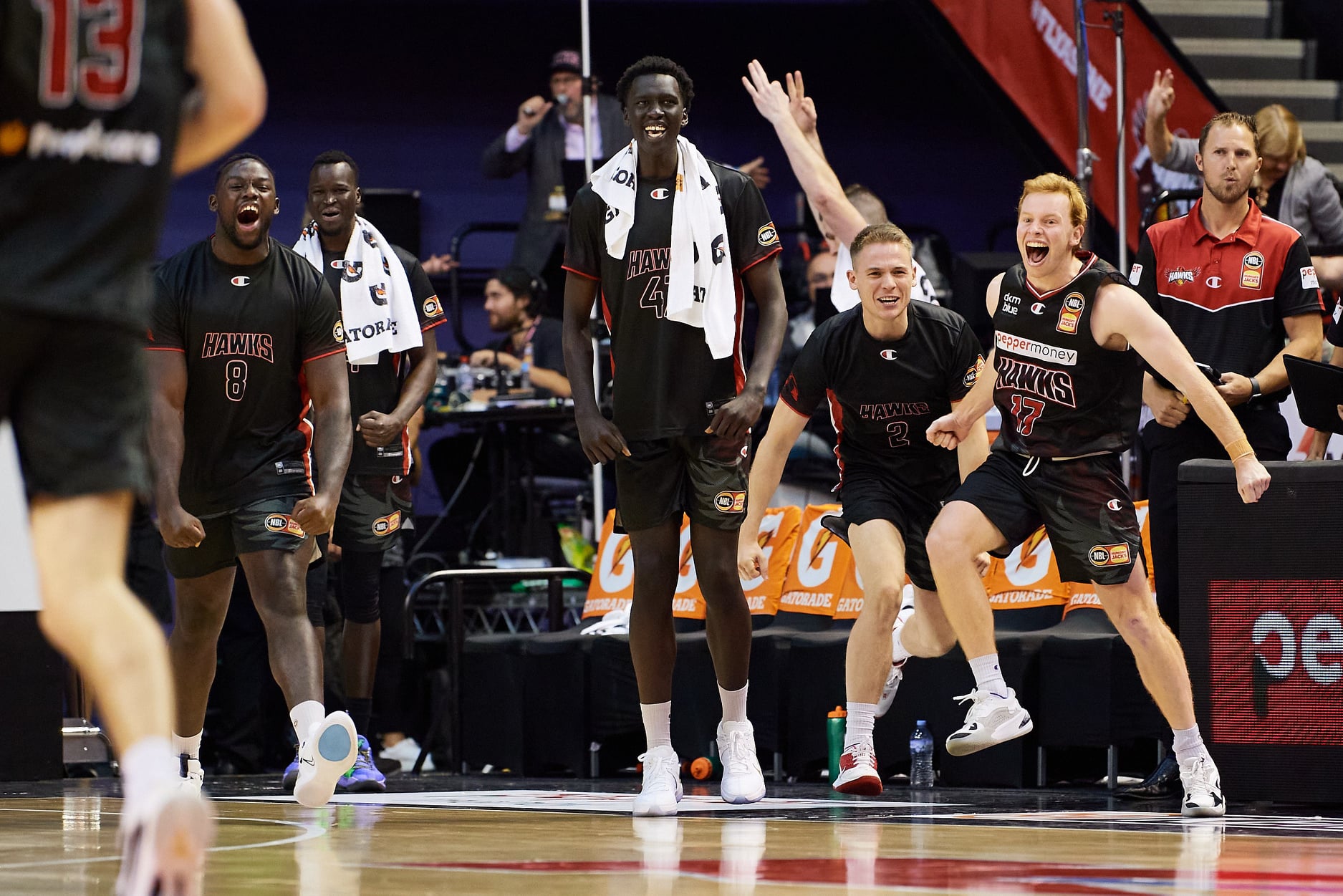 Hawks bench players jump, smile and celebrate on the sideline.