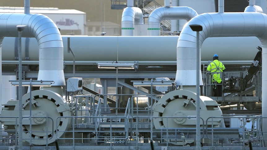 A convoluted series of pipes of varying sizes and a worker in high viz. 