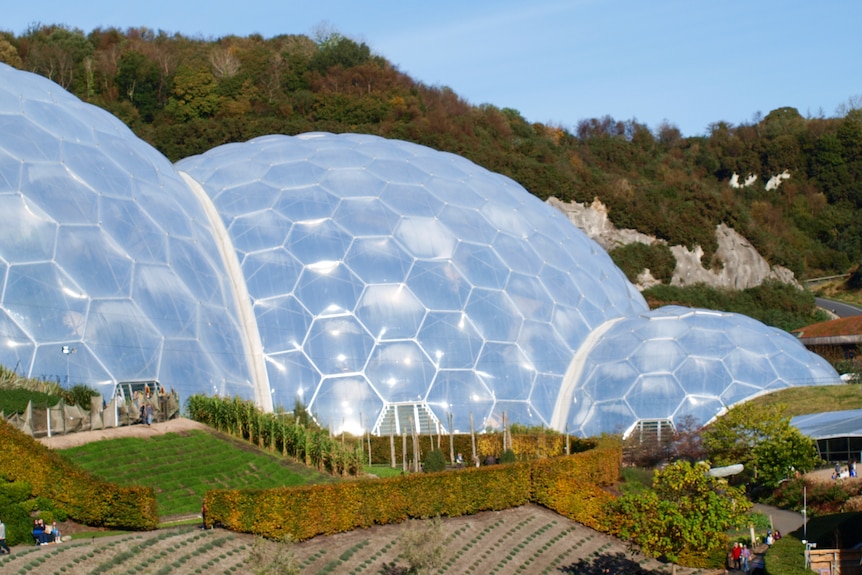 View of the geodesic biodomes at the Eden Project in Cornwall.