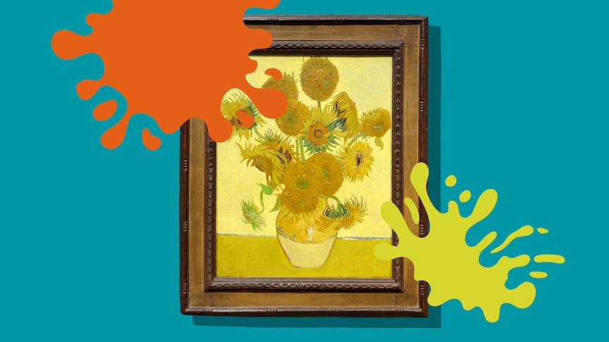 An illustration showing Vincent van Gogh's still life artwork, Sunflowers, being splattered with a liquid.