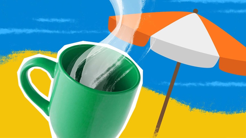 Illustration of a mug of hot drink at the beach - will it keep you cool?