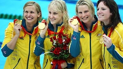 Libby Trickett, Jessicah Schipper, Leisel Jones and Emily Seebohm pose with their relay gold medals. (Getty Images: Adam Pretty)