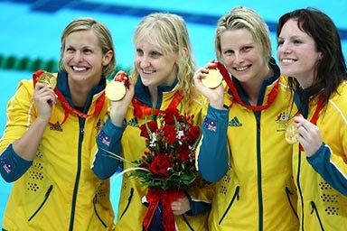 Libby Trickett, Jessicah Schipper, Leisel Jones and Emily Seebohm pose with their relay gold medals. (Getty Images: Adam Pretty)
