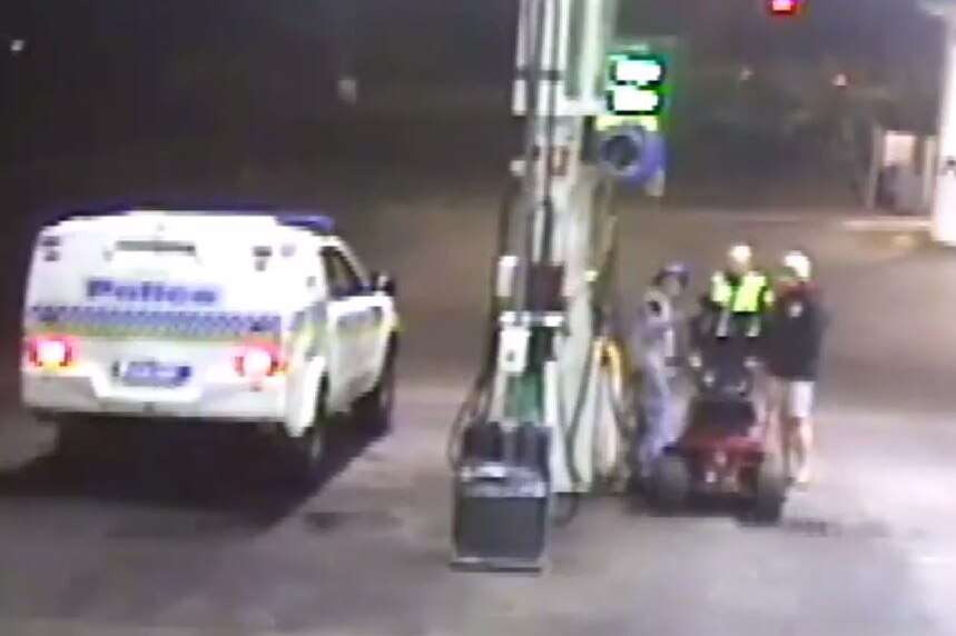 Police speak to a man who rode a lawnmower into a Tasmanian service station.