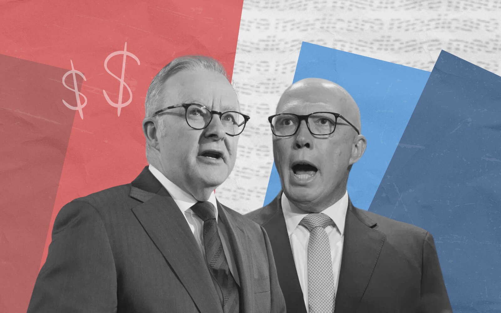 A graphic showing Anthony Albanese and Peter Dutton imposed onto a red and blue background