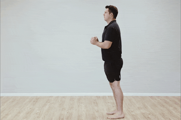 Man demonstrating lunge exercise to strengthen his muscles for standing up for long periods.