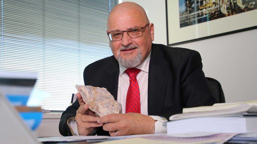 Adrian Griffin, Lithium Australia managing director, sits at his desk.