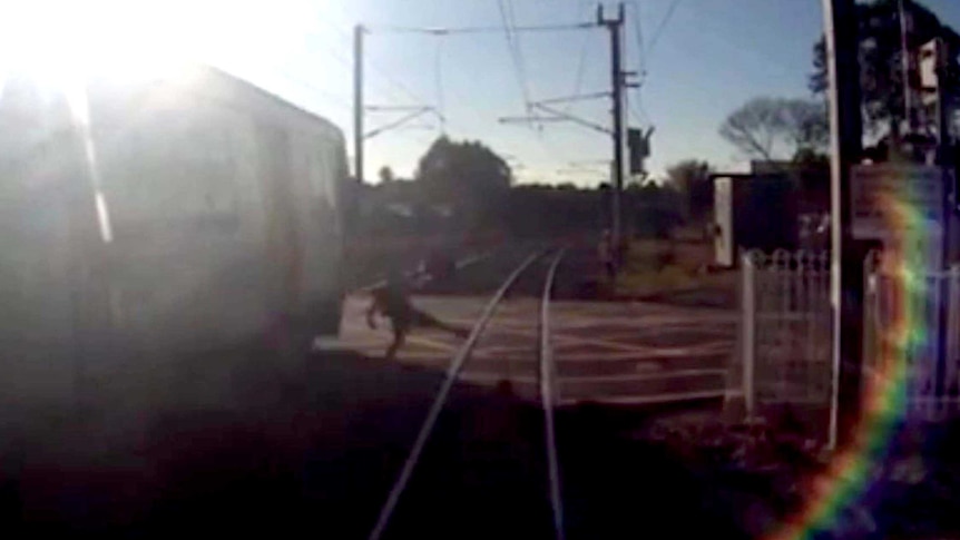 Video shows man's near miss at rail crossing
