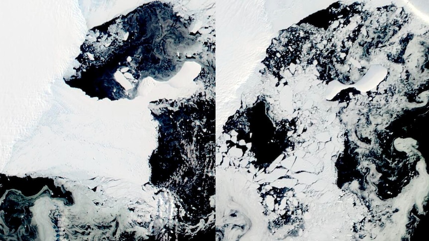 Composite image showing before and after of collapsed ice shelf in East Antarctica