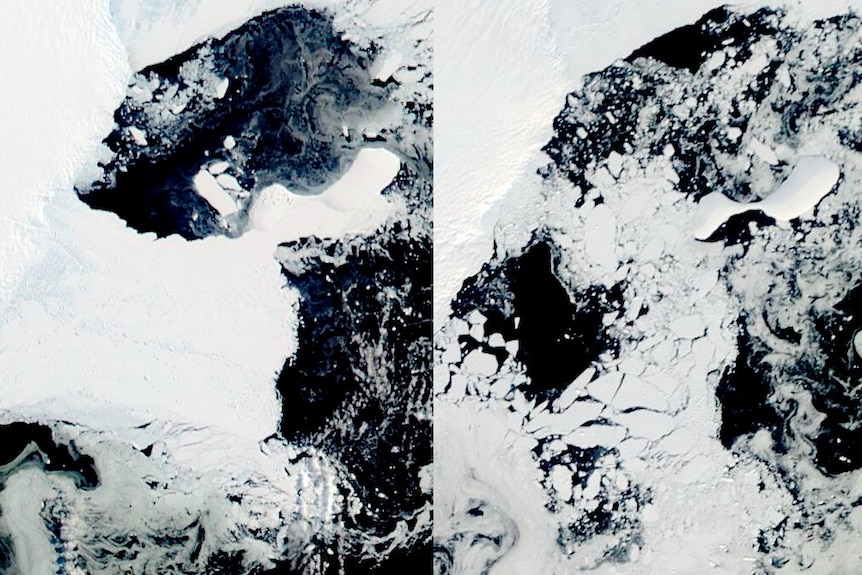 Composite image showing before and after of collapsed ice shelf in East Antarctica