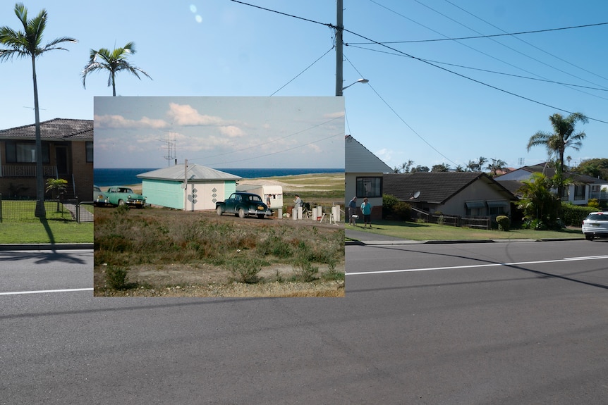 An inset photograph showing a home under construction in the '60s and the street as it looks today/