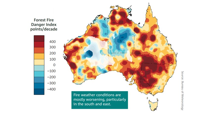 Map of Australia with LOTS of red and yellow - blue of less severity for southern NT and Kimberly.