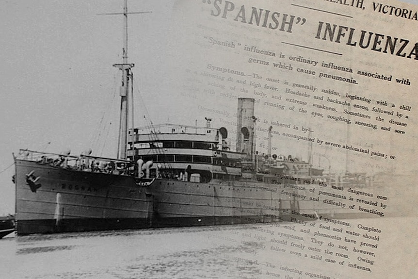 A black and white photo of a ship with a Spanish flu warning notice overlaid over the top.