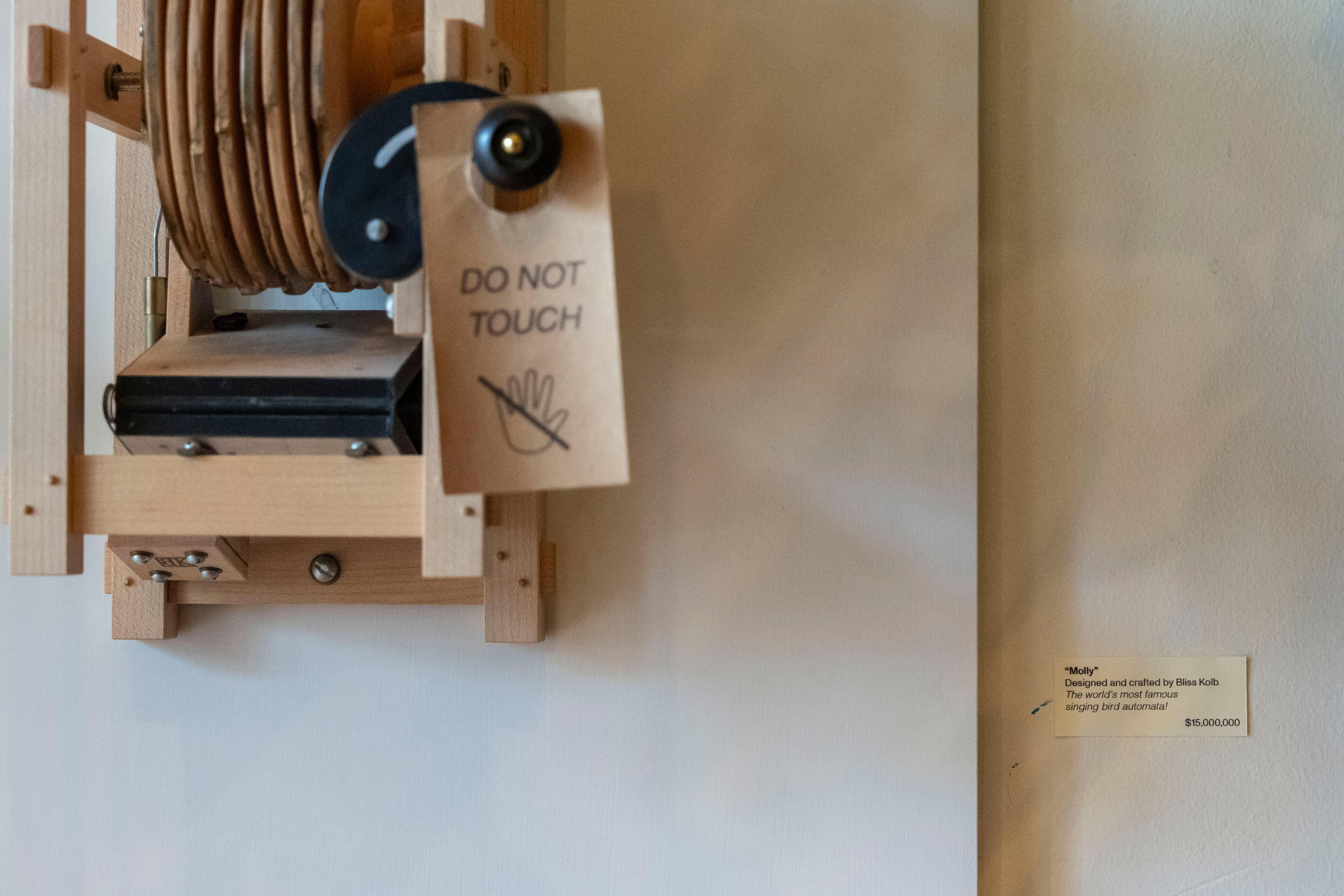 A new price tag for Molly the bird that shows it costs $15,000,000
