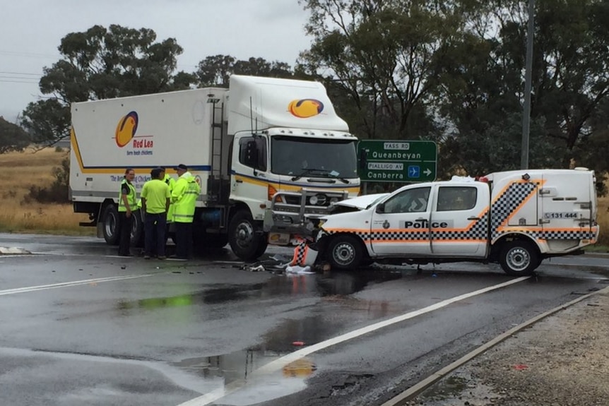 The crash between a truck and a paddy wagon on Pialligo Avenue.